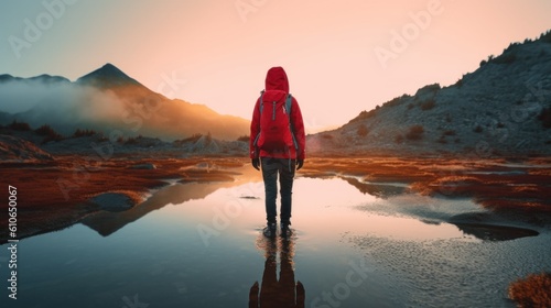 Leinwand Poster A person in a red jacket standing in front of a body of water
