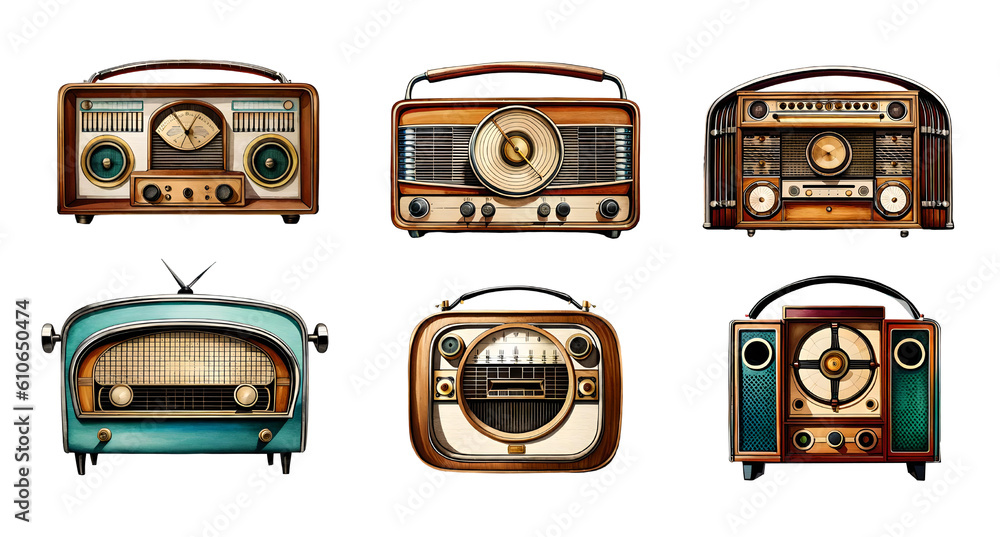 Watercolor vintage radio set. Generative Ai - obrazy, fototapety, plakaty 