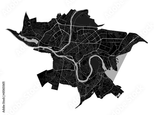 Kaunas city map, detailed administrative borders municipal black and white map. River Neman and Neris, roads and railway.