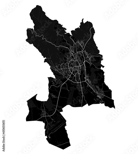 Kosice map. Detailed black map of Kosice city poster with roads. Cityscape urban vector. Cityscape poster metropolitan aria view.