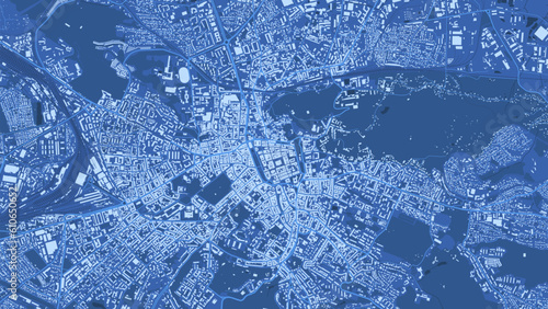 Blue Lviv City area vector background map, roads and water cartography illustration.