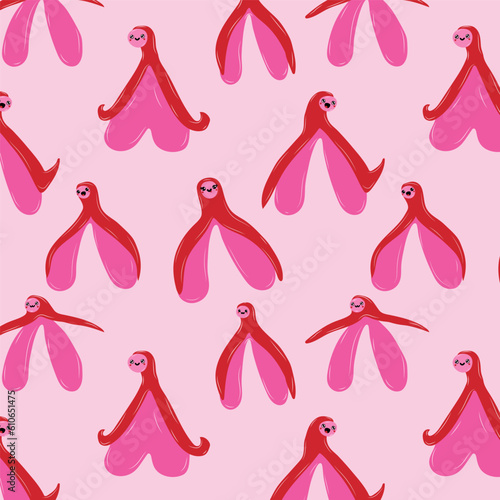 Seamless pattern with Reproductive system of the clitoris with kawaii eyes. Clitoral glans.Feminism theme and female genital organs