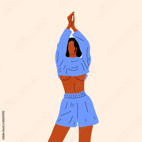 Beautiful young woman in trendy clothes. Hand drawn vector illustration. Elegant art