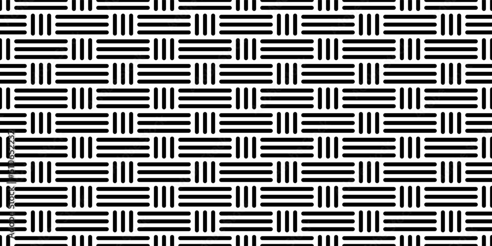 Fabic basketweave monochrome pattern. Black and white seamless texture with crossed fibers. Basket bamboo weave. Simple background. Vector abstract illustration