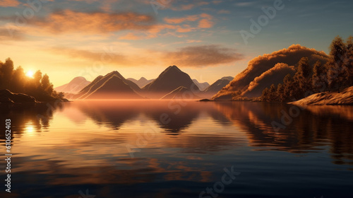 A sunset over a mountain with a calm lake in front using Generative AI