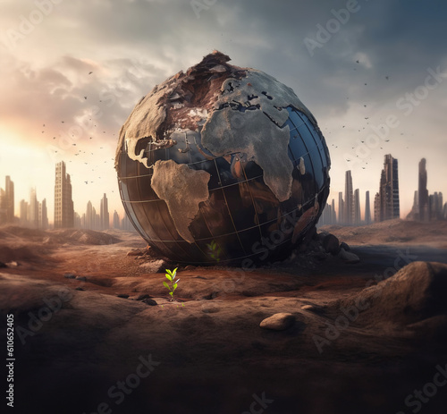 Planet earth made of building materials, destroyed by the excess of business and finance. Conceptual illustration of global warming and resource depletion - Generative AI