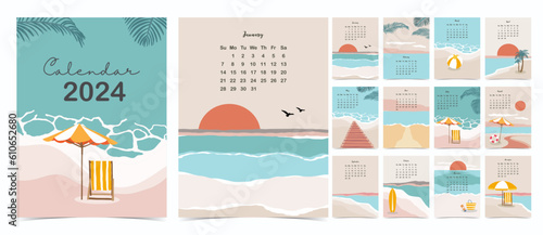 2022 table calendar week start on Sunday with beach that use for vertical digital and printable A4 A5 size