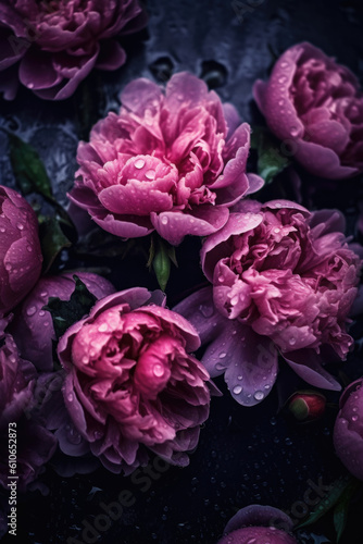 Wet beautiful peonies close-up. Flowers underwater. Unusual and magical  unreal. Macro. Water drops. Screensaver wallpaper and background. Dark pastel flowers. Blue  pink and red. Ai Generative