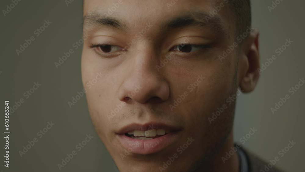 Black Man Speaking at Camera Close Up. African American 20s male talking looking at camera. Black Man Speaking at Camera Close Up. African American 20s male talking looking at camera.