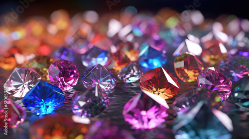 Macro photo of multicolored diamond crystals.