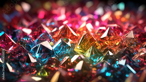 Macro photo of multicolored diamond crystals.