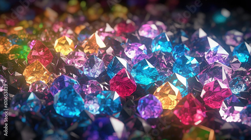 Macro photo of multicolored diamond crystals.
