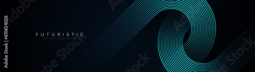 Futuristic abstract background. Glowing blue geometric lines design. Modern shiny blue diagonal rounded lines pattern. Horizontal banner template with space for your text. Vector illustration