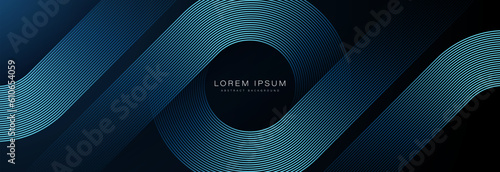 Dark blue abstract background with glowing geometric lines. Modern shiny blue diagonal rounded lines pattern. Futuristic technology concept. Suit for cover, poster, presentation, banner, website