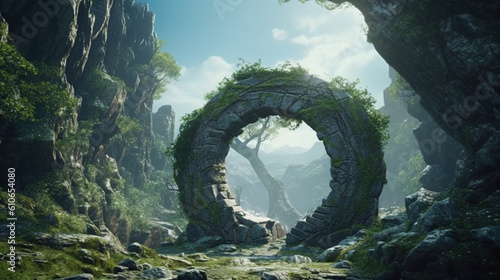 Foto Fantasy landscape with a portal archway Generative AI