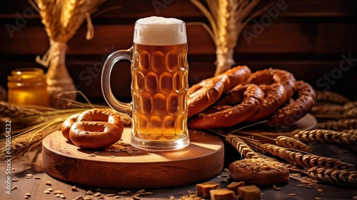 Beer and pretzels on a wooden board, AI generative