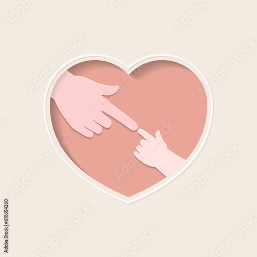 Small index finger of baby touching big index finger of mother in pink heart shaped frame paper cutting art vector