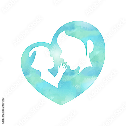 Mother holding a baby with her arm in heart shaped silhouette digital watercolor vector illustration with white negative space