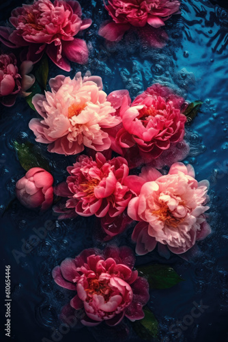 Wet beautiful peonies close-up. Flowers underwater. Unusual and magical, unreal. Macro. Water drops. Screensaver wallpaper and background. Dark pastel flowers. Blue, pink and red. Ai Generative © ratatosk