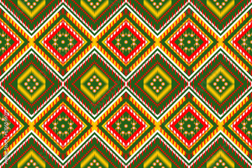 Wallpaper Mural Geometric ethnic oriental pattern traditional Design green red yellow white for background,carpet,wallpaper,clothing,wrapping,Batik,fabric,Vector embroidery style. Torontodigital.ca