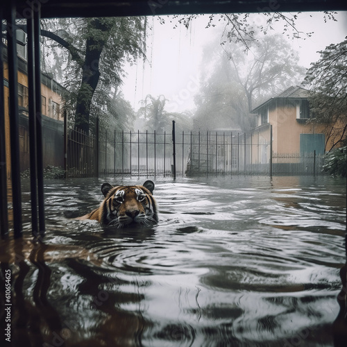 A Captivating Visual of tiger during Kachov Dam's Tragedy and the Flooded Zoo