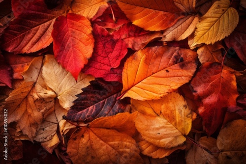 Autumn leaves background in warm tones of orange and red. Generative ai