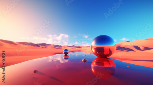 red desert with two spheres, in a space planet fantasy scene. Ai generative.