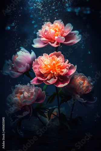 Wet beautiful peonies close-up. Flowers underwater. Unusual and magical, unreal. Macro. Water drops. Screensaver wallpaper and background. Dark pastel flowers. Blue, pink and red. Ai Generative