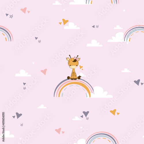 cute cartoon giraffe sitting on the rainbow seamless pattern for nursery kids room wall. Cartoon doodle animal characters. Cute baby girl giraffe vector