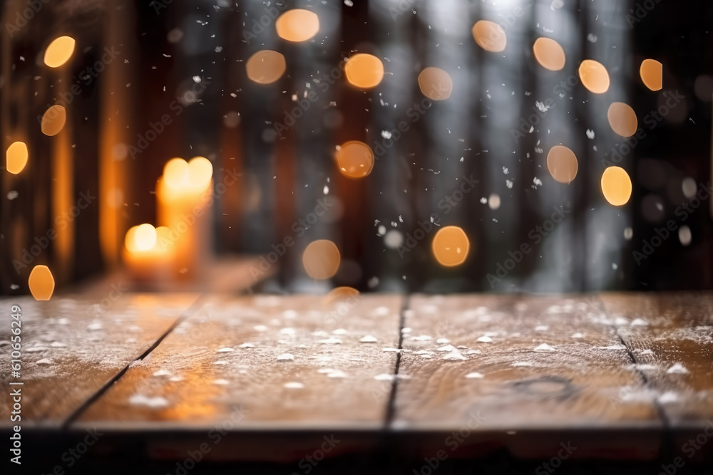 Wood table top with lights bokeh , Empty wooden for montage or display your products covered with snow of xmas time blurred bokeh lights background , Created with generative AI