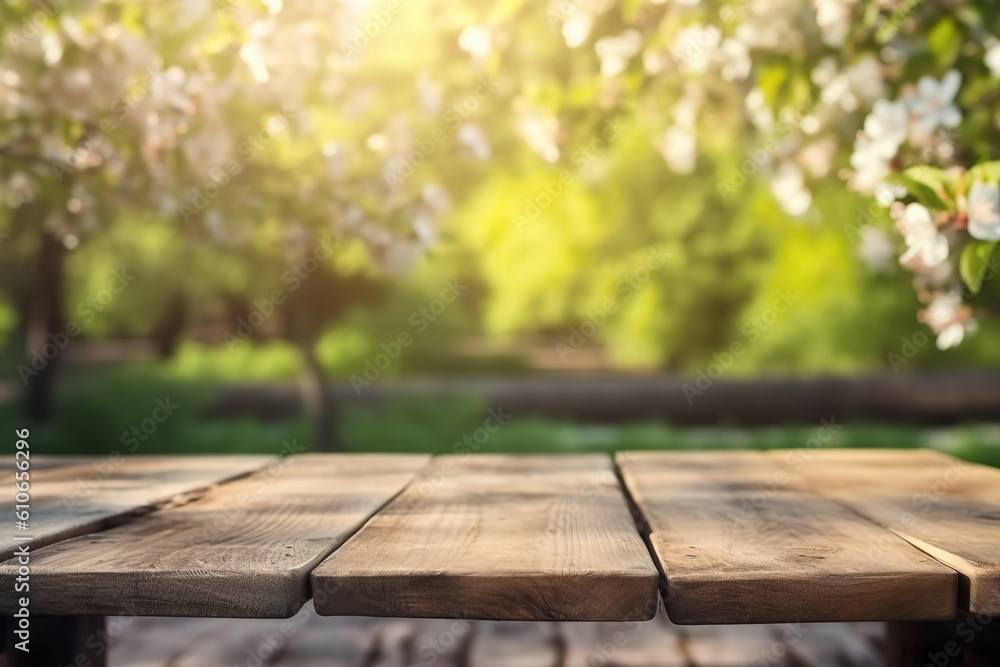 Wood table top with lights bokeh , Empty wooden for montage or display your products covered with garden blurred bokeh background , Created with generative AI Wood table top with lights bokeh , Empty wooden for montage or display your products covered with garden blurred bokeh background , Created with generative AI
