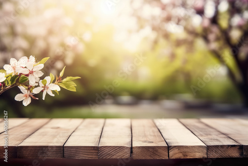 Wood table top with lights bokeh , Empty wooden for montage or display your products covered with garden blurred bokeh background , Created with generative AI