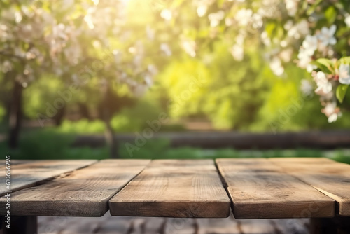 Wood table top with lights bokeh , Empty wooden for montage or display your products covered with garden blurred bokeh background , Created with generative AI