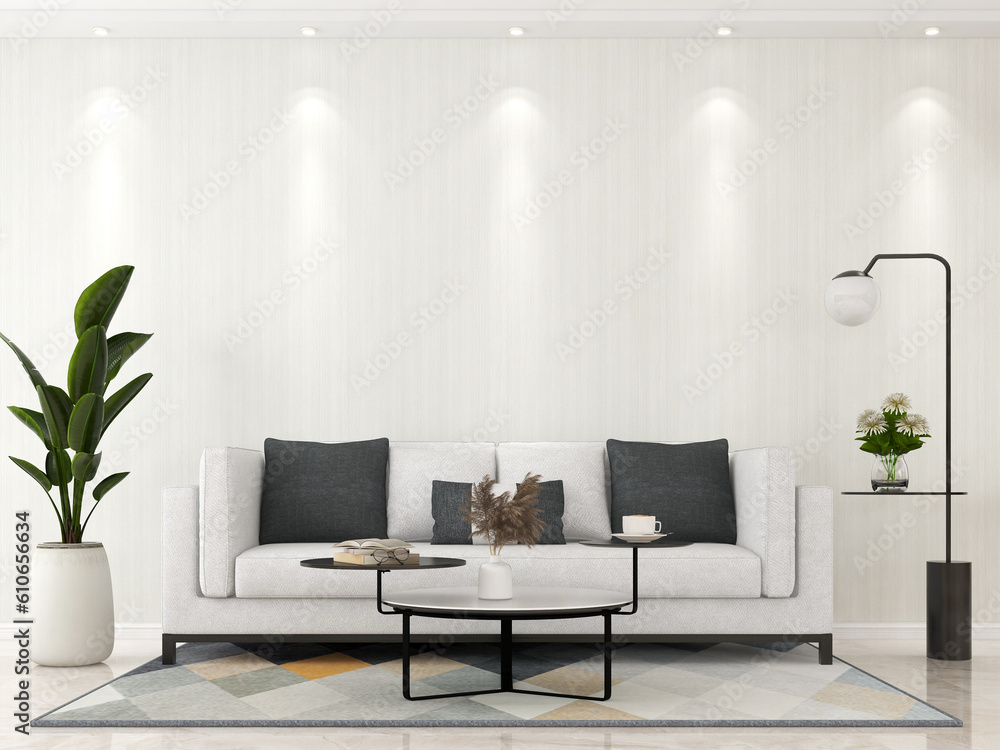 Interior living room with sofa and decorations. Scandinavian design. 3D render Interior living room with sofa and decorations. Scandinavian design. 3D render