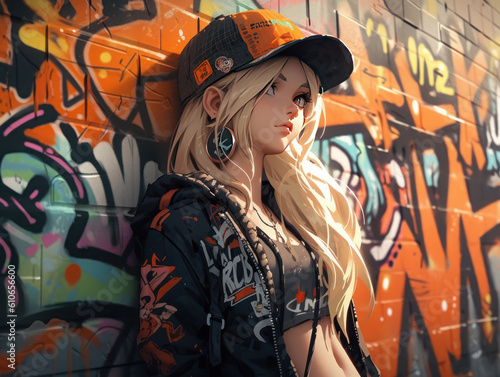anime long hairs woman with graffiti illustration created with geneartive AI techonology