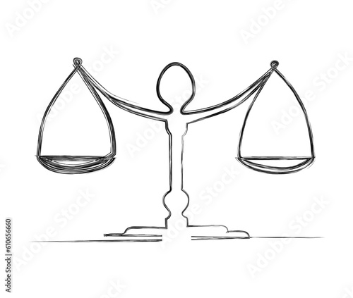 Continuous one line drawing of scales. scales of justice line art vector illustration. Balance and justice concept.