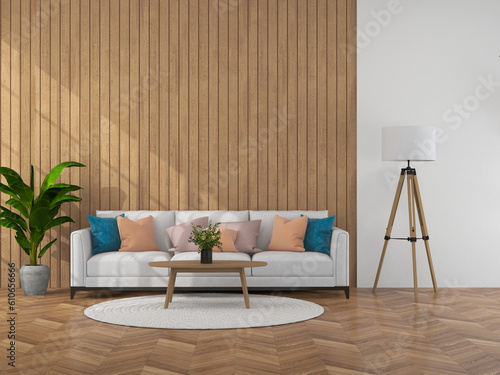 Interior living room with sofa and decorations. Scandinavian design. 3D render