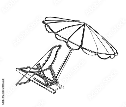 Continuous one line drawing of sunbed. Beach umbrella and chair for summer holiday line art vector illustration. © Line addict