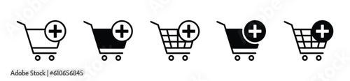 Add to cart icon. Online shop shopping cart icon with plus sign symbol on white background with editable stroke for apps and websites. Vector illustration EPS 10