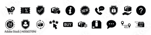 Shopping flat icons set. Online shopping, e-commerce, cart, coupon, protection, new, info, question, call, 24 hrs, return, rating icon collection for apps and websites. Vector illustration