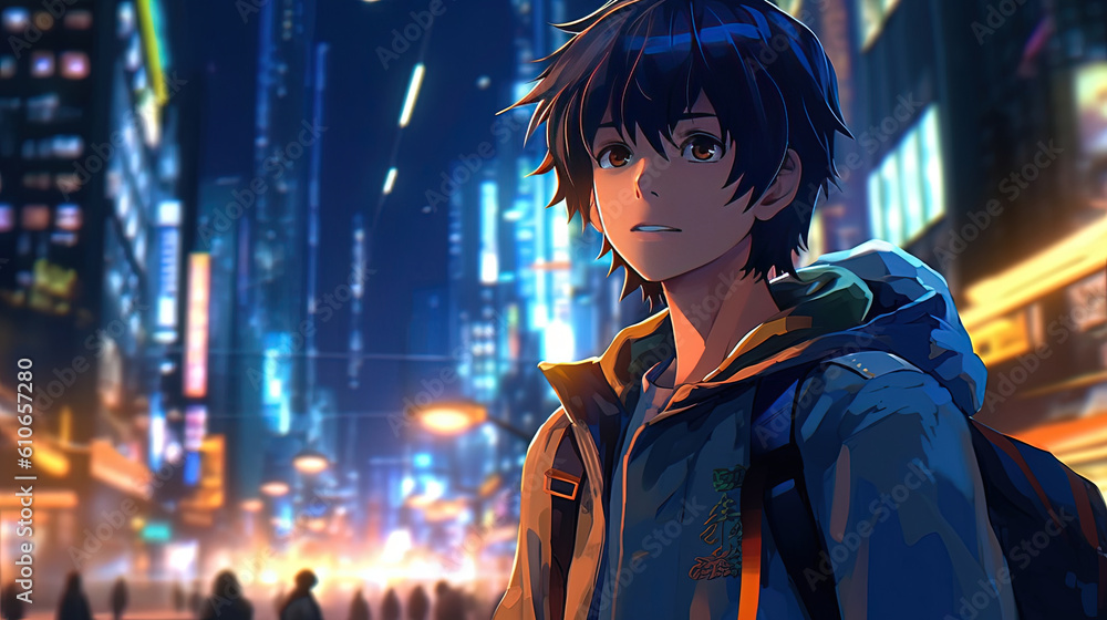Anime character boy with cityscape background Anime character boy with cityscape background