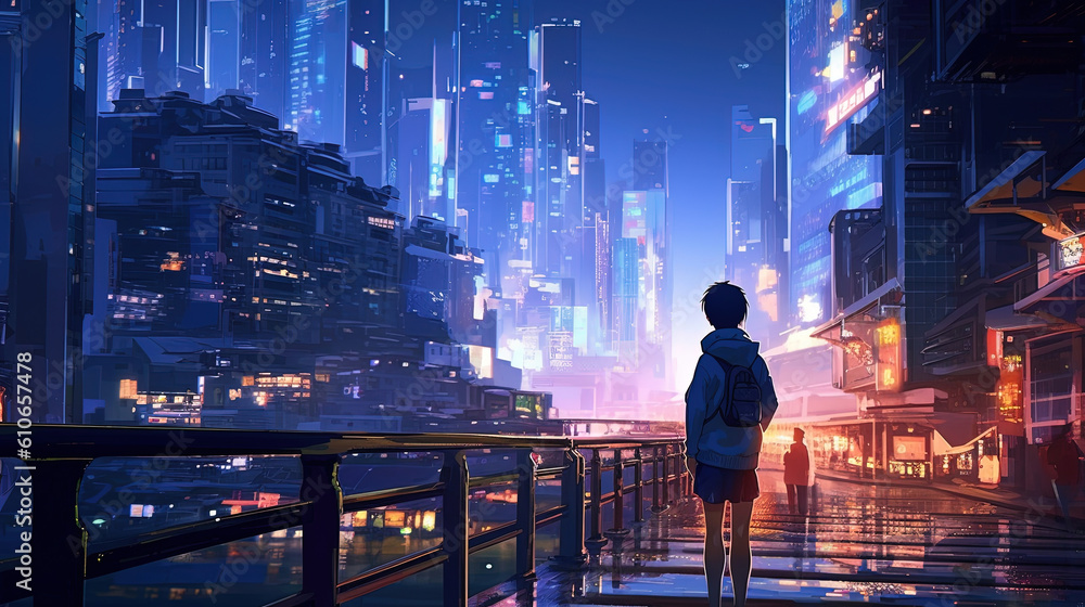 Anime character boy with cityscape background