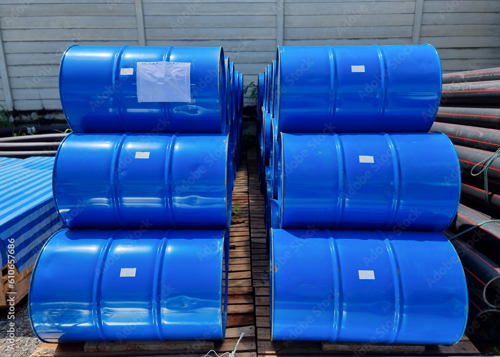 The electrical transformer oil drums for stock at the storage in the site area of the electrical substation construction The electrical transformer oil drums for stock at the storage in the site area of the electrical substation construction