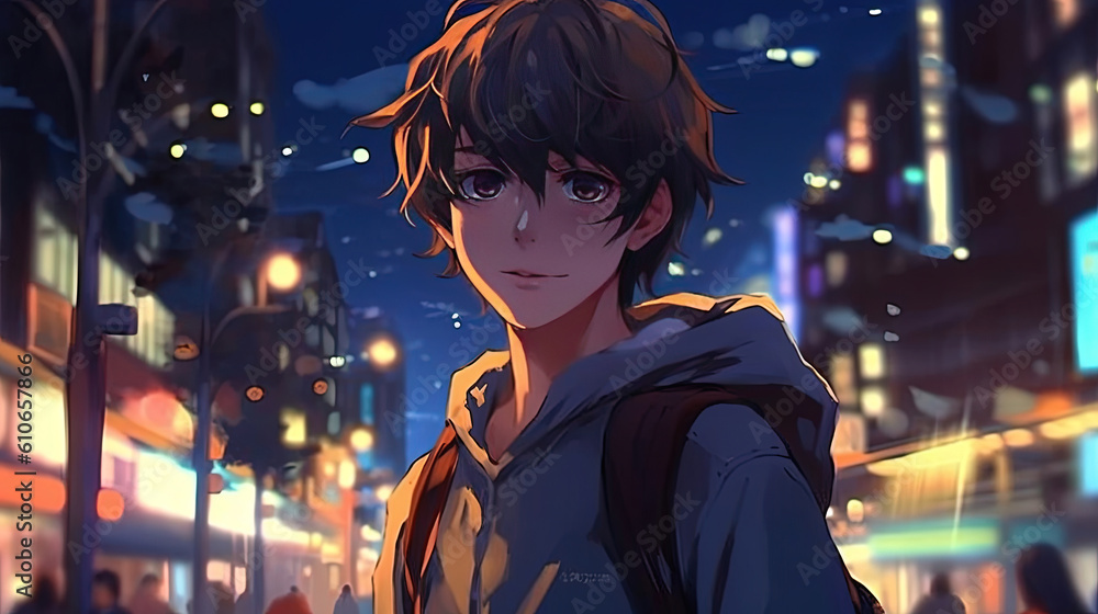 Anime character boy with cityscape background