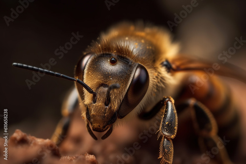 A close up view of honey bee. Created using Generative AI technology.