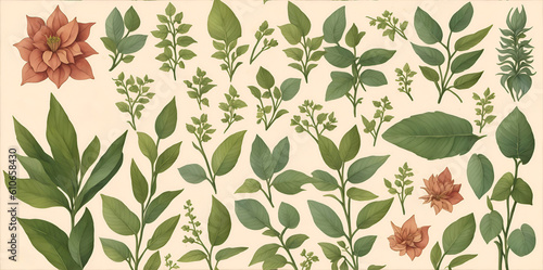 Set of leaves and inflorescences of flowers on a light background, in vintage style.