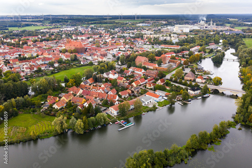 Beeskow mit Marienkirche, Spree, Luftaufnahme, Mark Brandenburg, Oder Spree, Spreewald, Lausitz, Deutschland, Europa photo