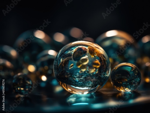 Abstract scene with glass balls on dark background Created with Generative AI technology