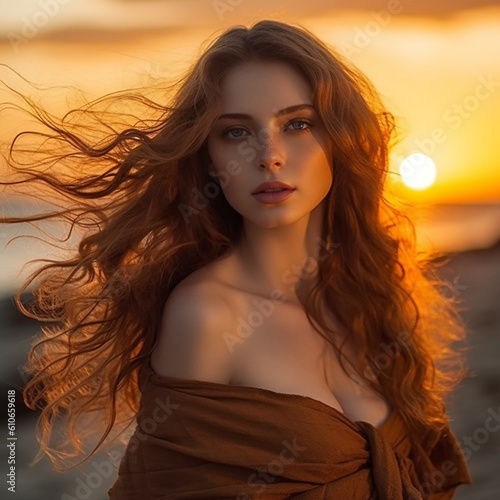 Retrato de mujer bella con pelo largo con puesta de sol photo