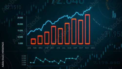 Chart, graph moving up, progress. Positive bar chart in orange, rising line in blue. Business, financial figures, revenue, cash flow, analyzing, growth, strategy, data. Abstract financial concept.